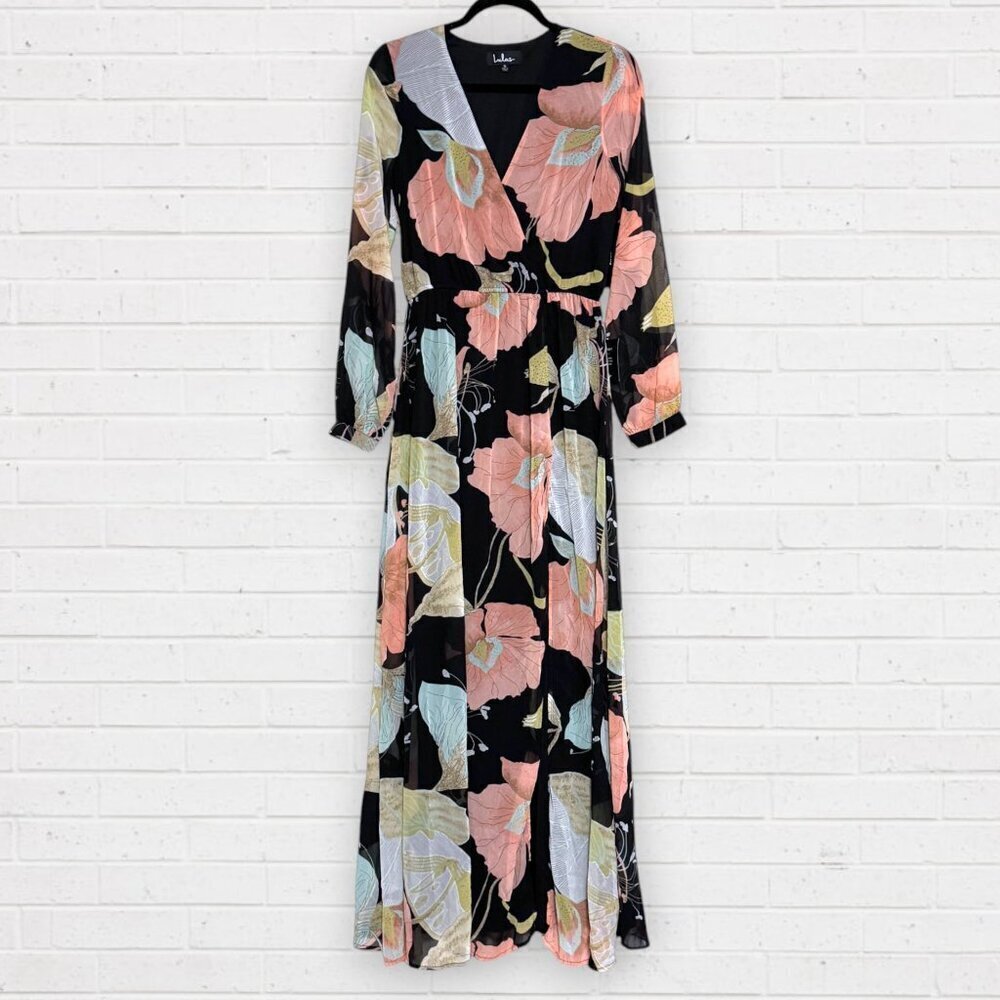 NWT LULU'S Wondrous Water Lilies Black Floral Print Chiffon Flowy Maxi Dress S